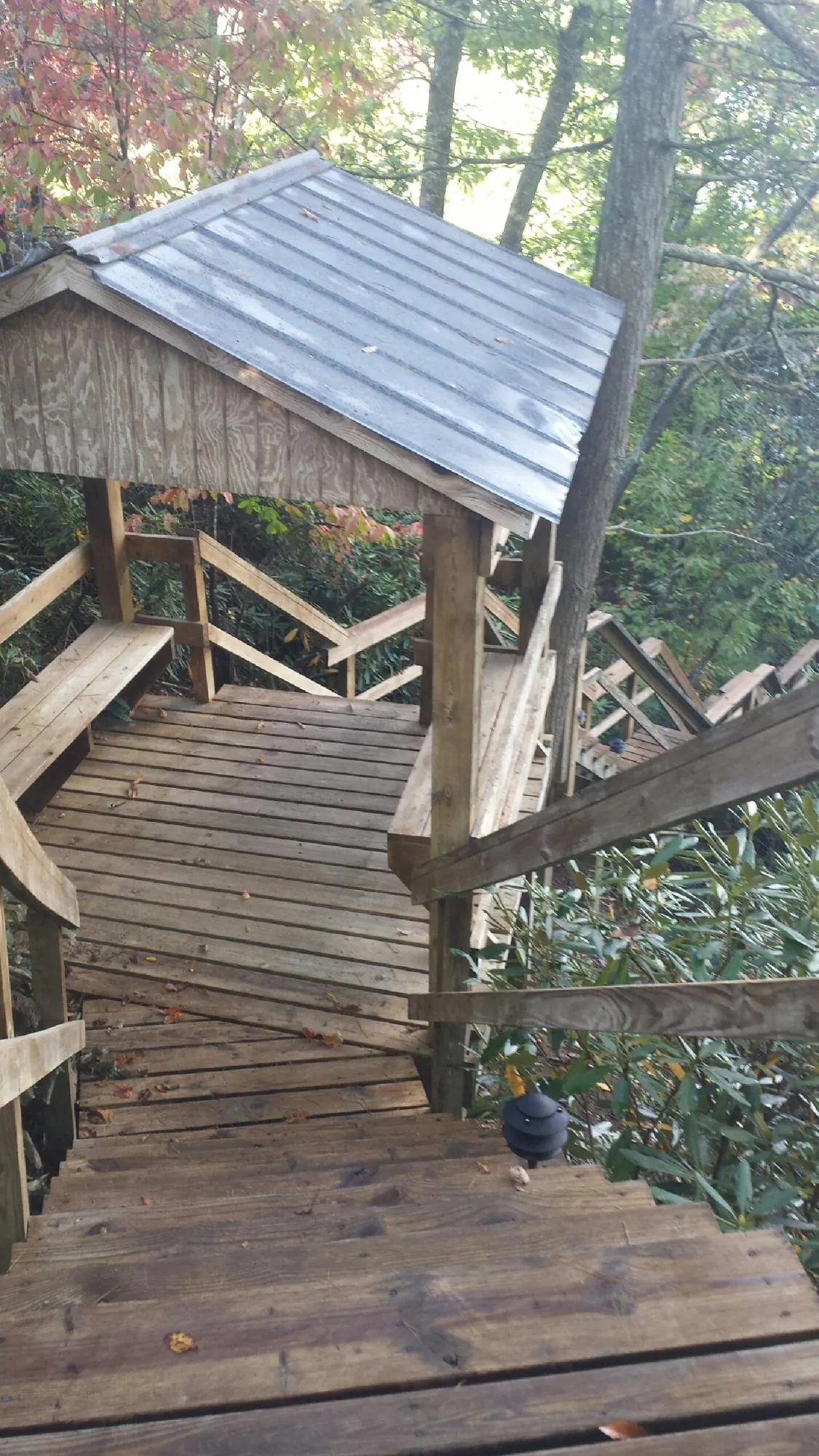 Metal roofed shelter over wooden steps on a wooded walkway — Skylight Repair & Installation work by our crew in Elbert